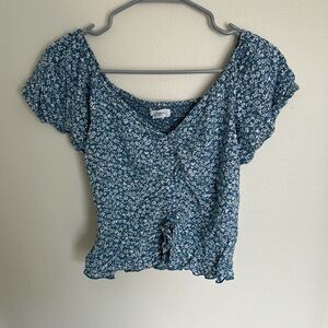 Japna Teal Floral Ruched Blouse